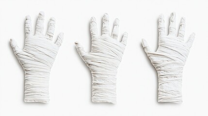 Obraz premium Three textured, white gloves arranged in a row, showcasing intricate details and a unique design ideal for art or fashion contexts.