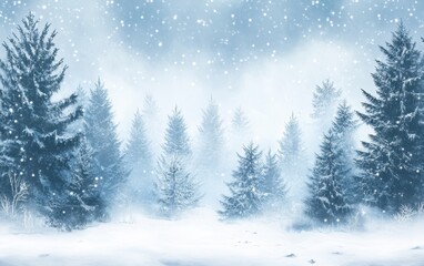 Enchanted Winter Forest Snowy Fir Trees and Sparkling Snowflakes in a Misty Blue Landscape
