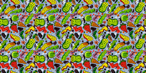 Fototapeta premium Cartoon hand-drawn doodles on the subject of summer holidays theme seamless pattern