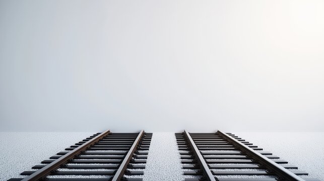 A serene image of parallel railway tracks disappearing into a foggy horizon, evoking a sense of journey and tranquility.