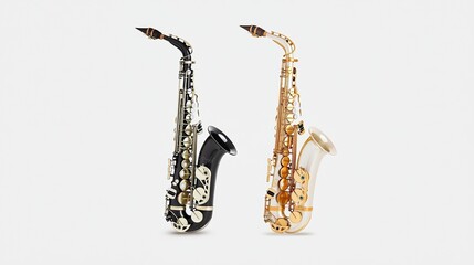 Two saxophones, one black and one gold, displayed side by side, showcasing their unique designs and finishes.