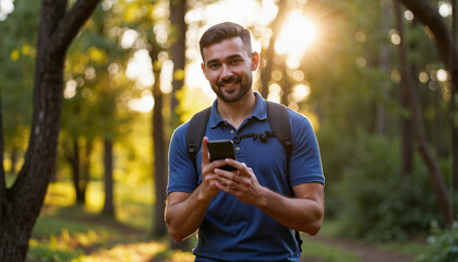 Smiling man using smartphone in sunlit forest
