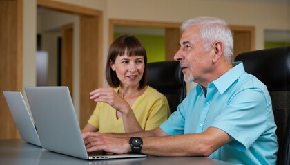 Fototapeta premium Two seniors collaborating on laptops in modern office space