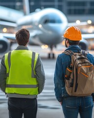 Obraz premium Airport workers observing airplane operations.