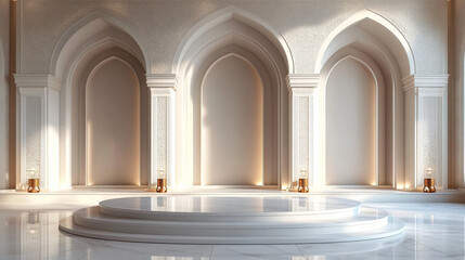 Fototapeta premium A luxurious minimalist space with intricately carved arches, ideal for showcasing Ramadan celebrations, cultural exhibitions, and elegant presentations.