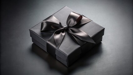 Fototapeta premium Black gift box with elegant black ribbon on dark gray background, filled with luxurious goods and presents for a special occasion, black gift box, gift wrapping