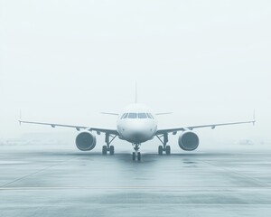 Fototapeta premium Airplane on runway in foggy weather conditions.