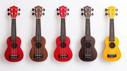 Naklejka premium A vibrant display of colorful ukuleles arranged in a row against a clean background, showcasing their unique designs and playful tones.