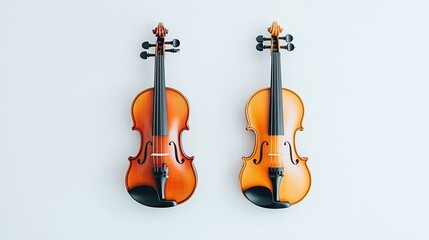 Two elegant violins mounted on a light wall, showcasing their craftsmanship and vibrant colors, creating a harmonious visual appeal.