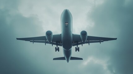 Obraz premium Airplane flying through dark, moody sky.