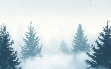 Ethereal Winter Forest Landscape with Falling Snow and Misty Trees, Pale Blue Tones.