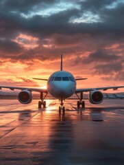 Airplane at sunset on runway.