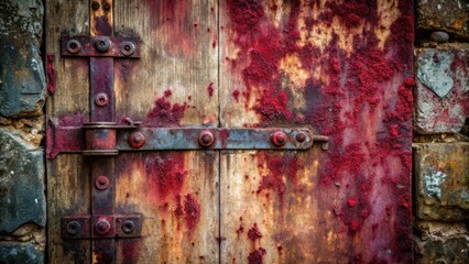 Dark crimson splatters on old stone wall with cracks and scratches, abandoned, rusty hinges
