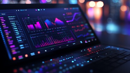 Colorful Digital Analytics Dashboard Showcasing Data Trends at Night in a Modern Workspace