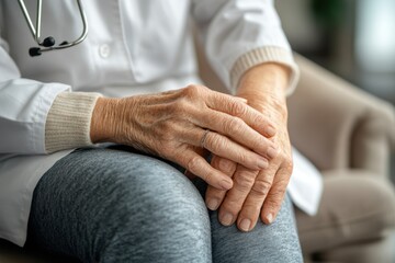 Close-up image of an elderly woman's hands resting on her knee, showcasing the signs of aging and potential joint discomfort, highlighting concepts of healthcare, senior wellness, and the importance