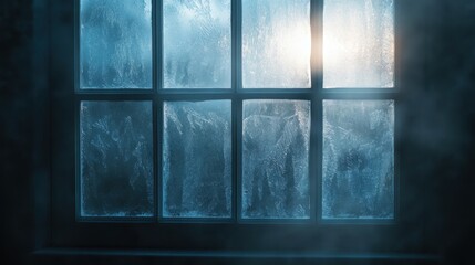 Frosty Window Pane Abstract Ice Patterns with Subtle Sunlight