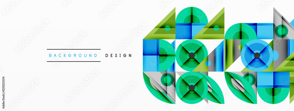 Poster Geometric abstract composition with intersecting shapes, circles, triangles, and gradients, blending vibrant colors and dynamic contrasts to create a modern, futuristic visual design