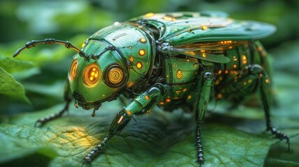 A vibrant, metallic green insect with glowing features resting on lush green foliage in a serene environment