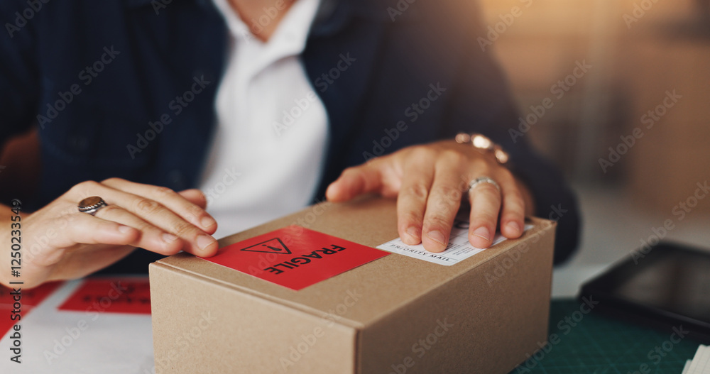 Poster Hands, man and package with fragile sticker for distribution, order invoice and shipping information. Person, packaging and ecommerce warning of box delivery, courier caution and small business cargo