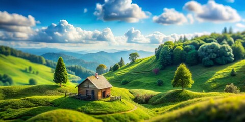 Obraz premium Miniature Watercolor Landscape: Charming Hut in Rolling Hills - Tilt-Shift Photography