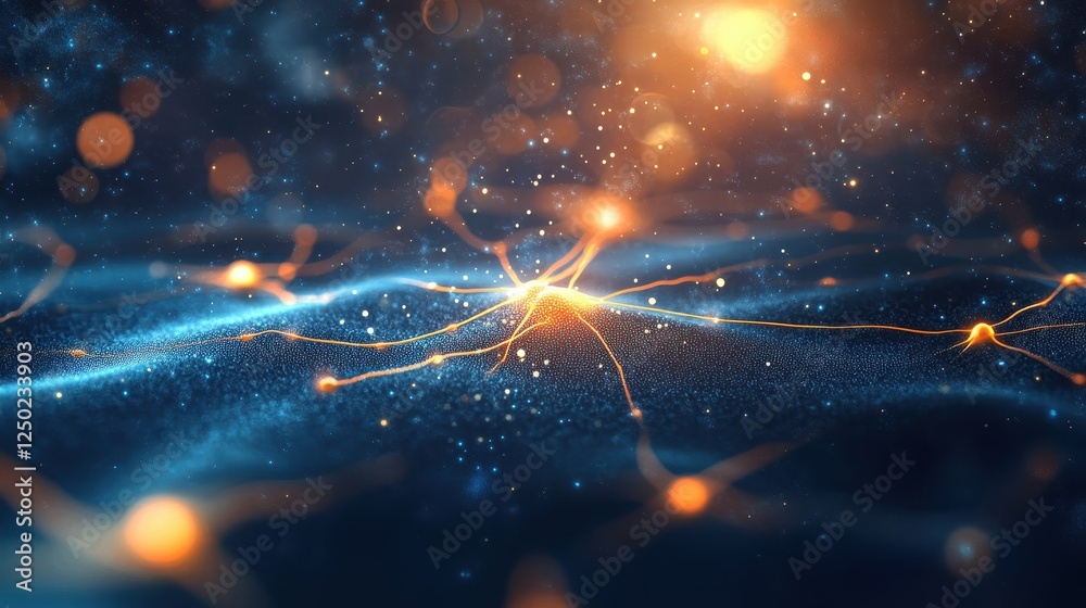 Poster neural network abstract background with glowing connections and blue data stream.