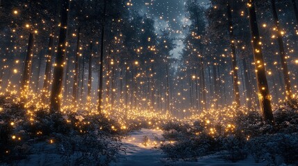 Snow falling at night in a dark forest with sparkling lights and shining stars, creating a magical winter wonderland atmosphere.