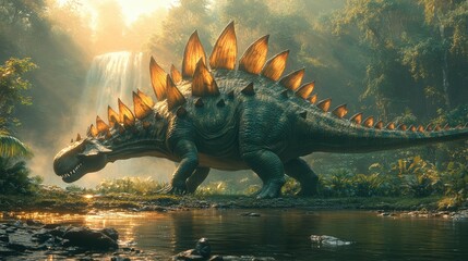 Obraz premium Majestic dinosaur roaming near a serene waterfall in a lush prehistoric jungle