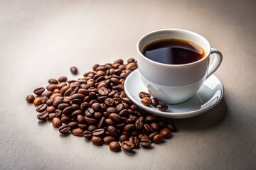 Fototapeta premium Minimalist Black Coffee Cup with Coffee Beans - Stock Photo
