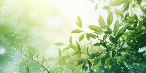 Fresh Green Leaves with Water Droplets in Soft Sunlight A Serene Natural Scene.