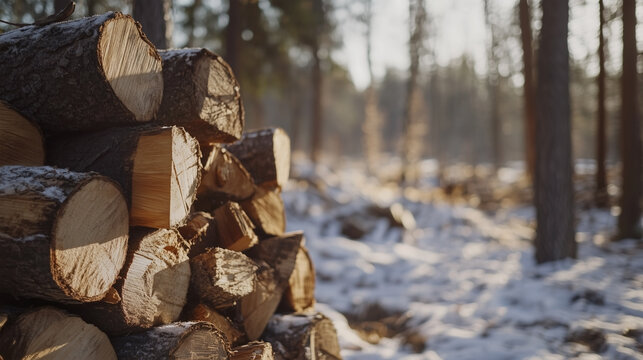 A pile of wood logs in a snowy forest