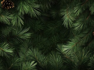 Lush Green Pine Branches and Pinecone Frame with Dark Center, Perfect for Winter and Holiday Backgrounds.