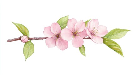 Obraz premium Delicate pink cherry blossom branch with fresh green leaves against a white background