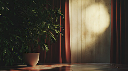 Large Indoor Plant next to empty Spotlight and Curtains Backstage