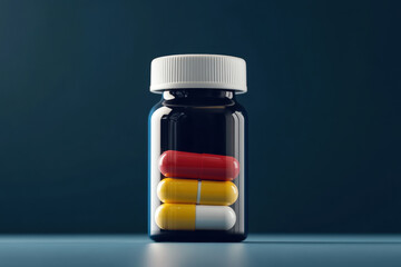 Stacked Capsules in a Dark Transparent Bottle against a Gradient Background