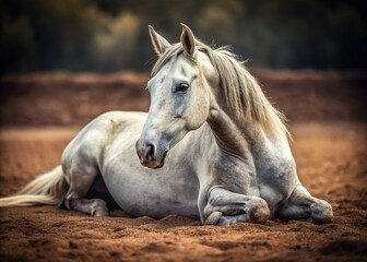 Naklejka premium Minimalist Gray Horse Lying Down, Serene Equestrian Scene, Peaceful Pasture