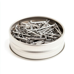 Round tin of metallic sewing pins with shiny silver finish for craft and sewing projects