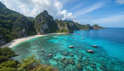 Obraz premium Serene Raja Ampat coastline, Papua: turquoise waters, jagged limestone cliffs, and coral reefs visible beneath crystal-clear waves.