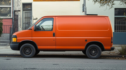 A bright orange van is parked on the side of the road