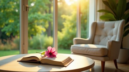 Peaceful morning sunlight illuminates open book and flower on table near armchair