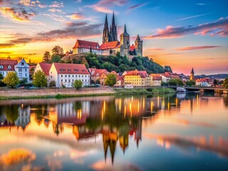 Naklejka premium Minimalist Meissen Cityscape: Panoramic View of Historic German Town