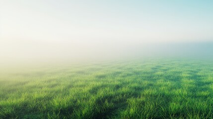 Fototapeta premium Misty Green Pasture A Tranquil Landscape of Lush Grass Disappearing into Soft Fog