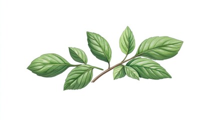 Fototapeta premium Lush green leaves on a branch isolated on a white background, ideal for nature-themed designs