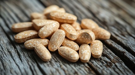 Close-up of dietary supplements on rustic wooden surface.