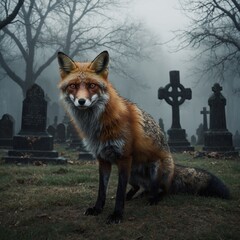 "A gothic-style fox with black fur and red eyes, standing in a haunted, foggy graveyard."