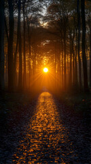 Golden Sunlight Path Through Autumn Forest