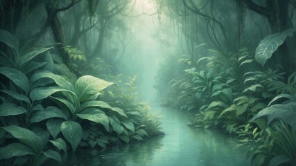 Mystical Jungle River Shrouded in Mist