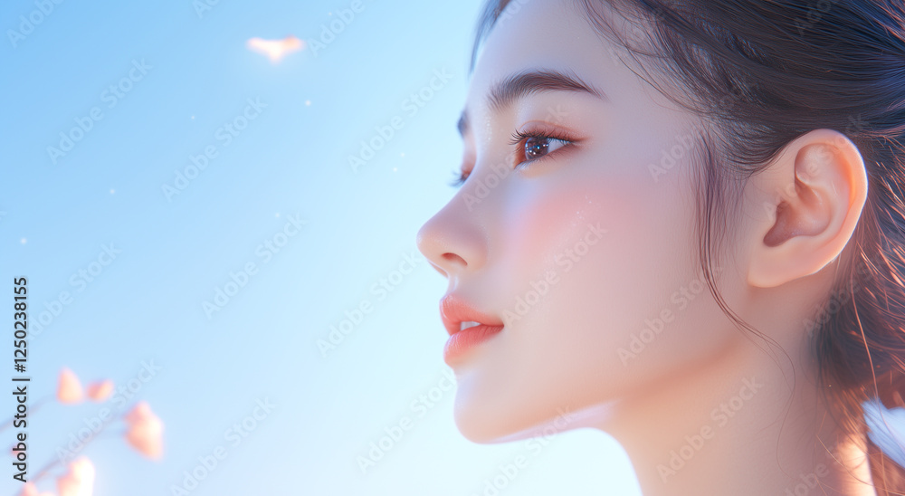 Aufkleber 若くてかわいいアジア人女性モデルの横顔。青空と花の背景が爽やかなで優しい雰囲気を演出している。