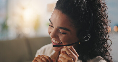 Office, woman and laughing with microphone for call center, customer information and consultant....