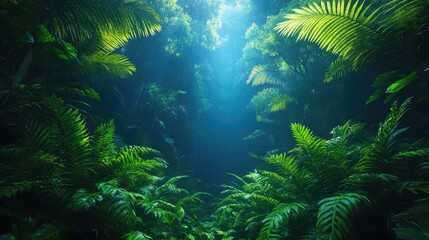 Obraz premium Lush green ferns under sunlight in a dense tropical forest, creating a serene atmosphere