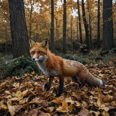"A fox covered in autumn leaves, blending seamlessly into the forest floor."